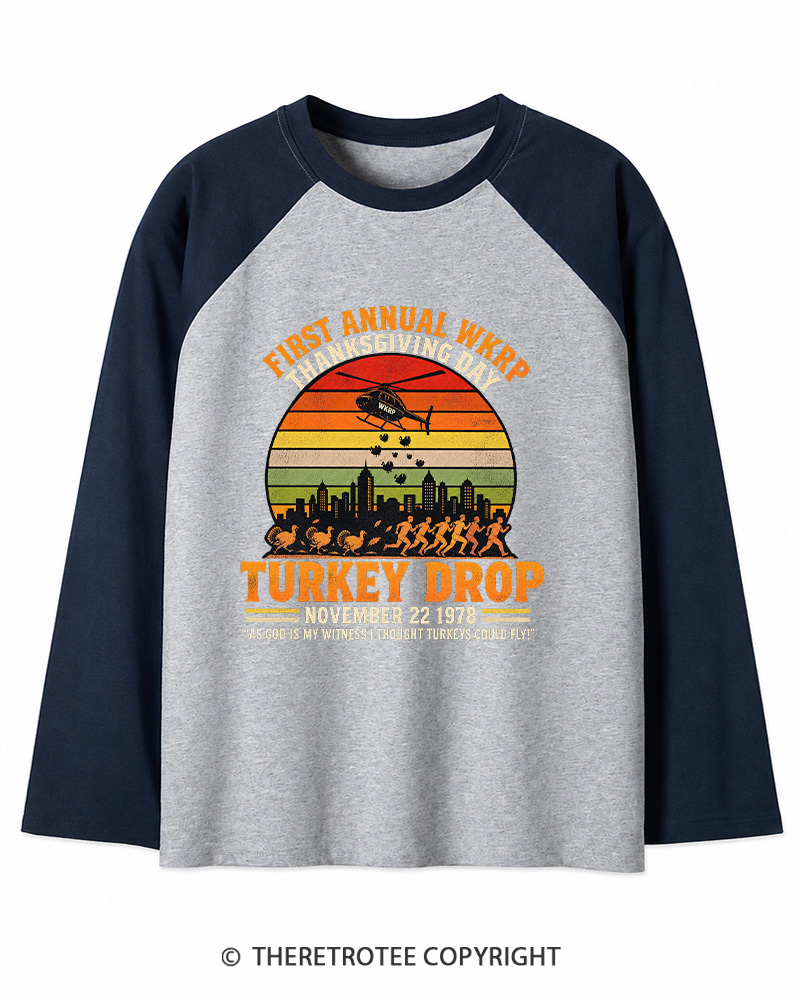 TheRetroTee First Annual WKRP Thanksgiving Day Turkey Drop 1970s Long Sleeve Raglan T-Shirt