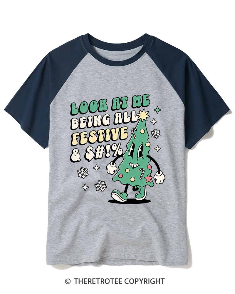 TheRetroTee Look At Me Being All Festive 1970s Raglan Baseball T-Shirt