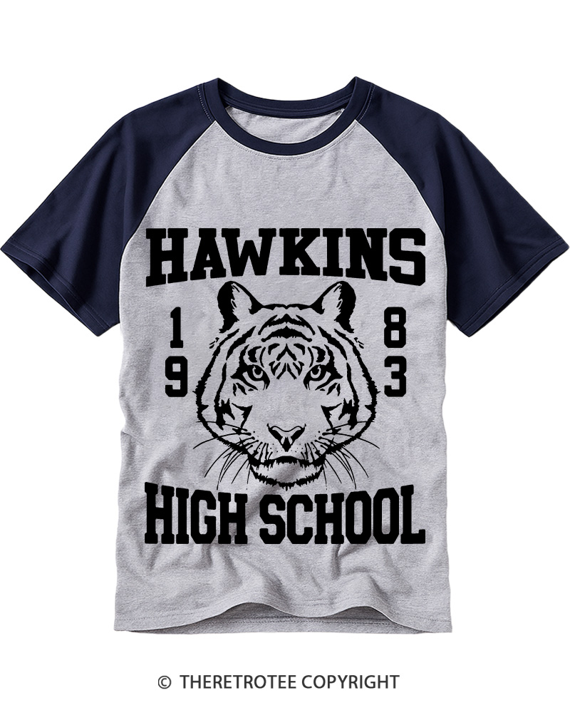 TheRetroTee Hawkins High Tiger 1980s Raglan Baseball T-Shirt
