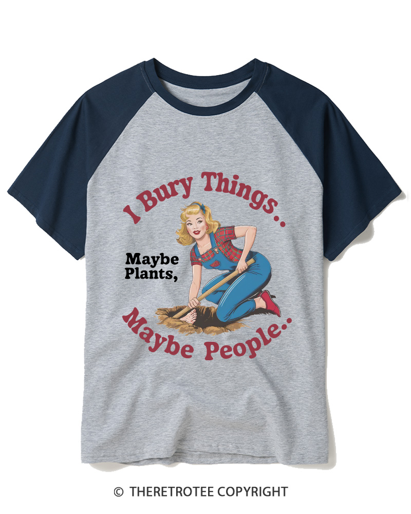 TheRetroTee I Bury Things 1970s Raglan Baseball T-Shirt