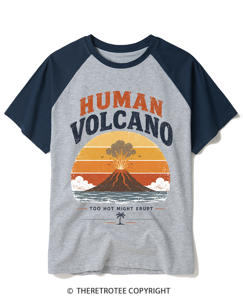 TheRetroTee Human Volcano 1970s Raglan Baseball T-Shirt