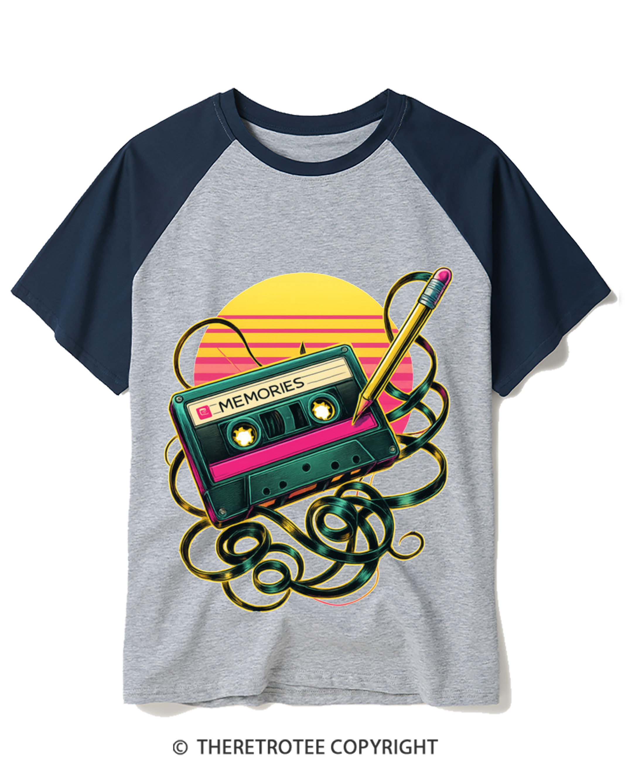 TheRetroTee Retro Cassette and Pencil Raglan Baseball T-Shirt