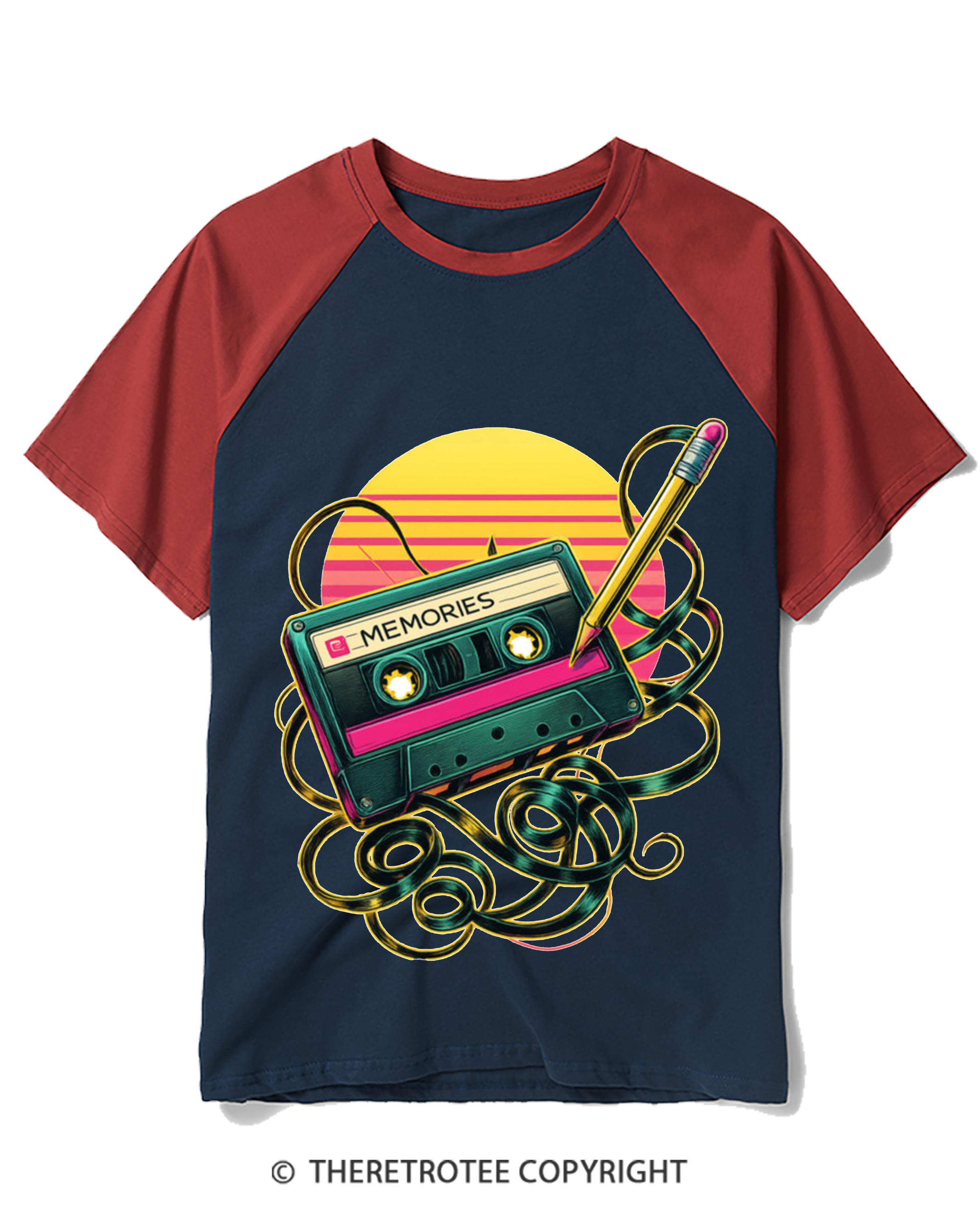 TheRetroTee Retro Cassette and Pencil Raglan Baseball T-Shirt