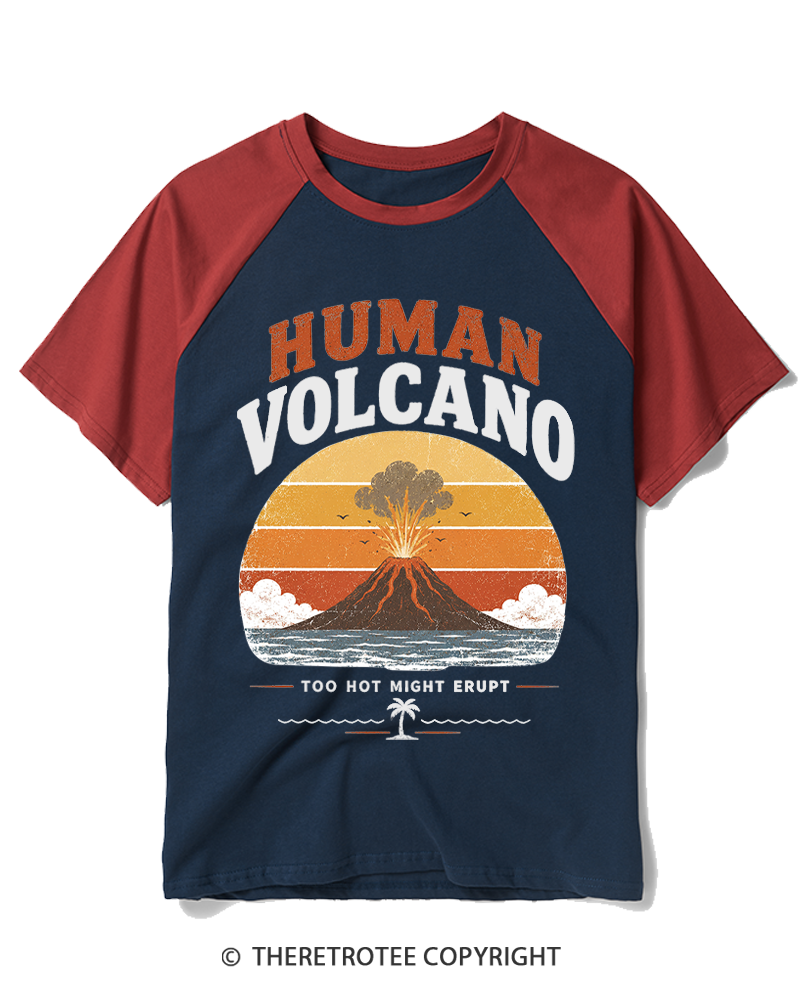 TheRetroTee Human Volcano 1970s Raglan Baseball T-Shirt