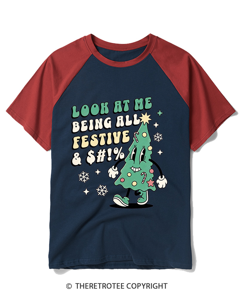 TheRetroTee Look At Me Being All Festive 1970s Raglan Baseball T-Shirt