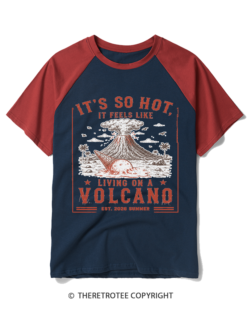 TheRetroTee It's So Hot Volcano Vintage Raglan Baseball T-Shirt