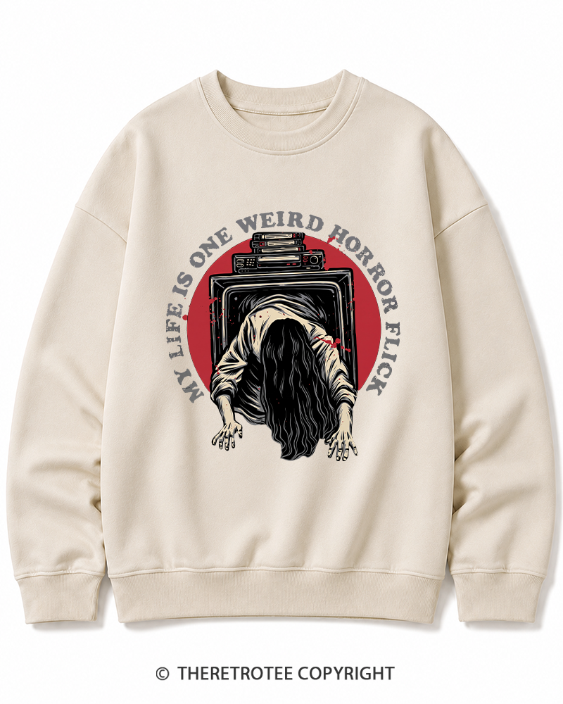 TheRetroTee My Life Is One Weird Horror Flick 1980s Halloween Cotton Sweatshirt
