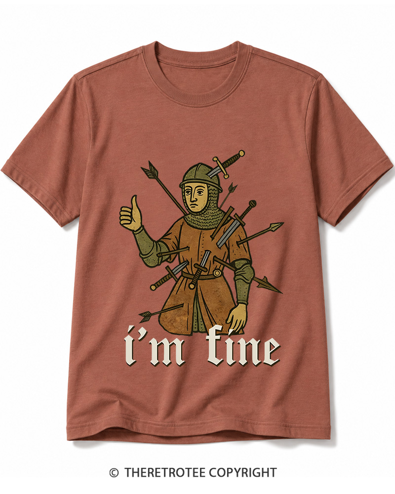 TheRetroTee Medieval Knight I’m Fine 1970s Cotton T-Shirt