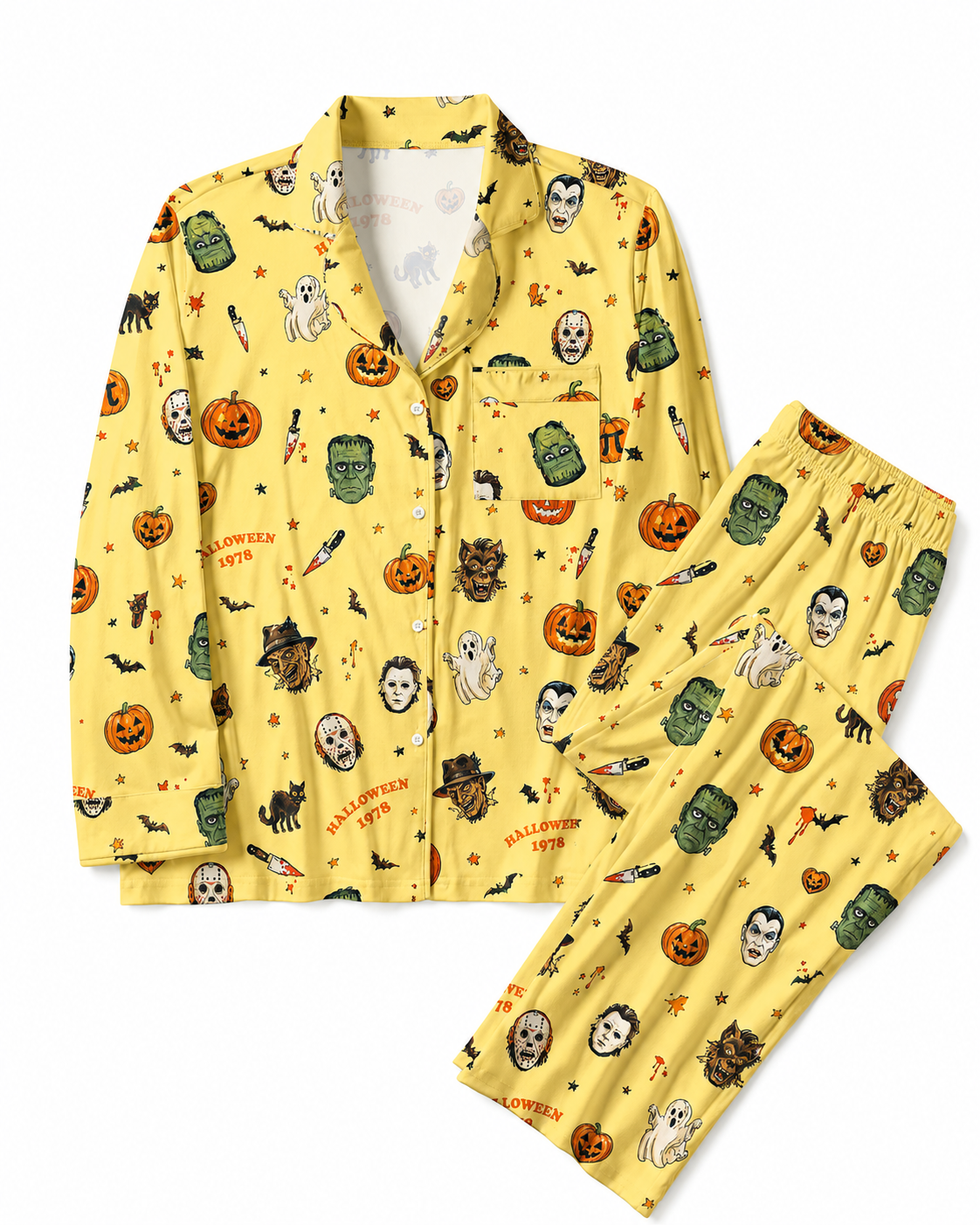 TheRetroTee Yellow Horror Squad Vintage Pajama Set