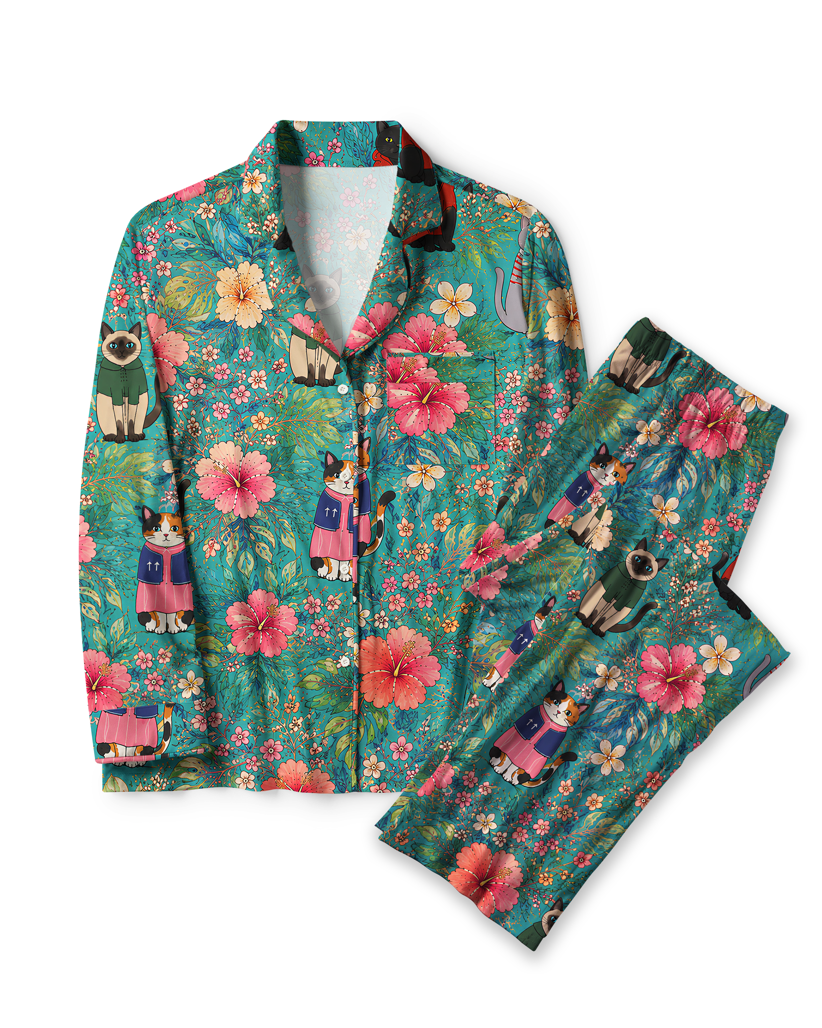 TheRetroTee Tropical Cat Floral Vintage Pajama Set