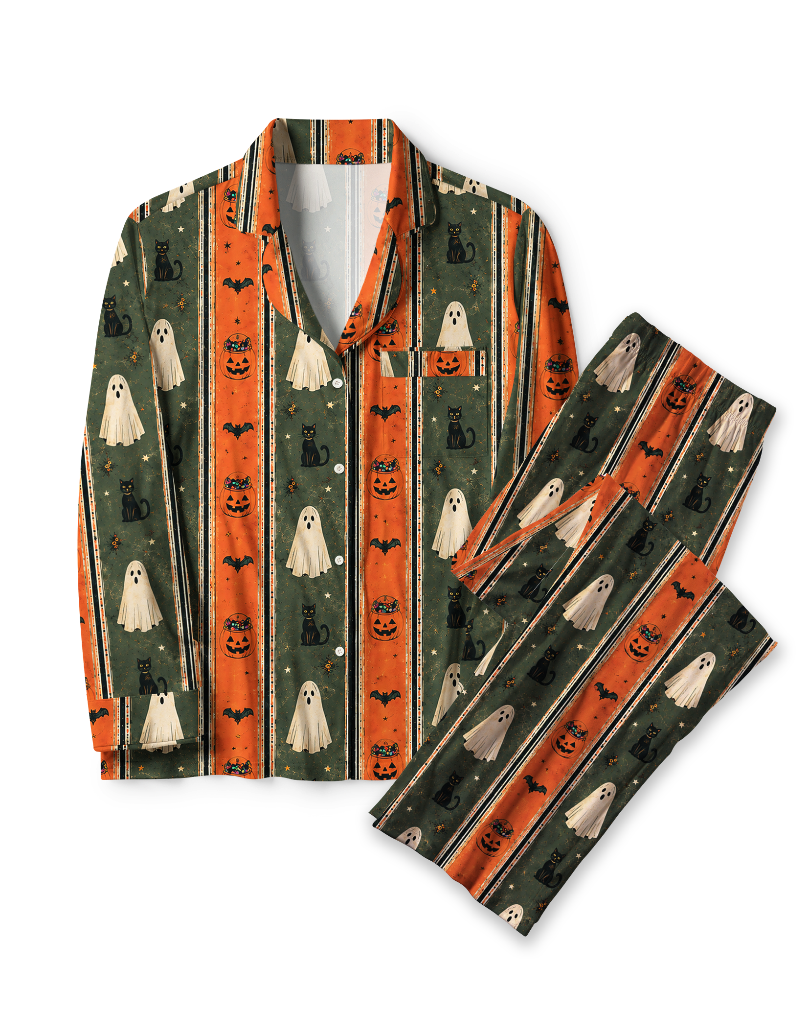 TheRetroTee Halloween Ghost Cat Stripe Vintage Pajama Set