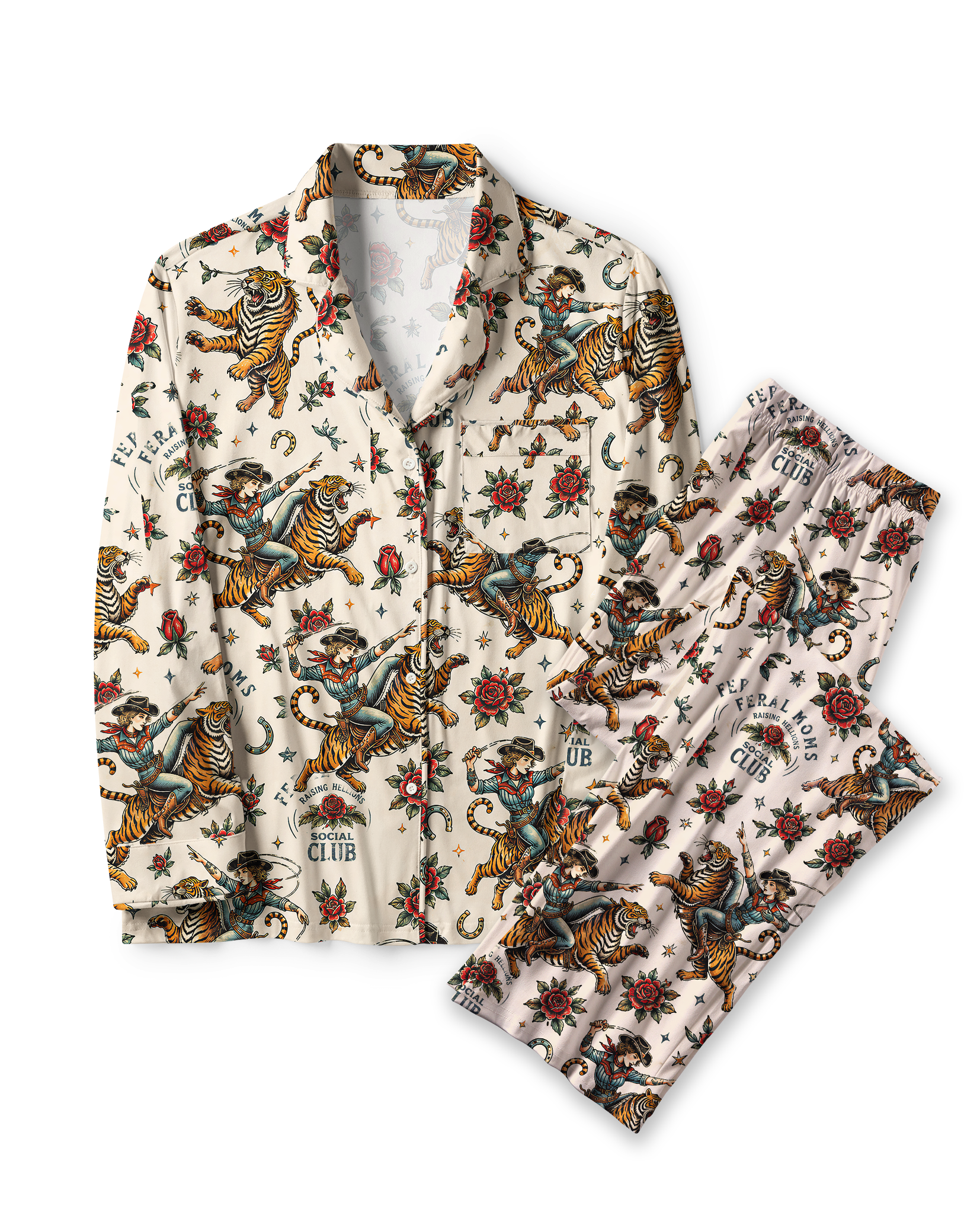 TheRetroTee Cowgirl Tiger Tattoo Vintage Pajama Set