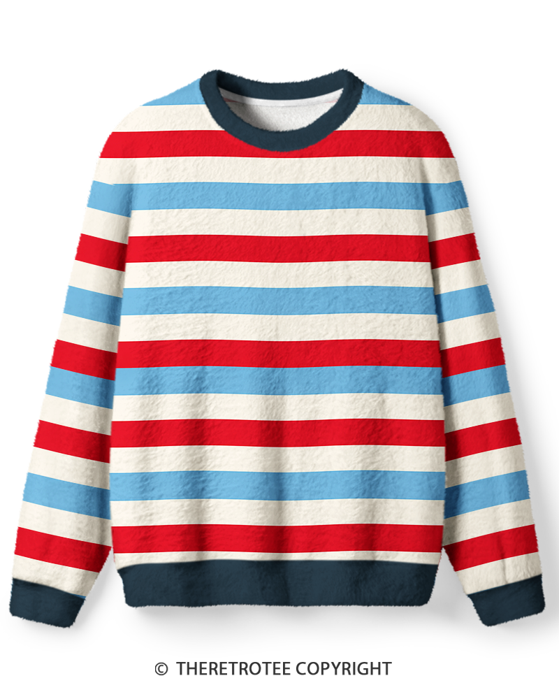 TheRetroTee Vintage 1970s Coastal Red Blue Stripe Sweater