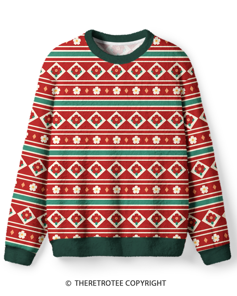 TheRetroTee Vintage 1970s Red Green Floral Folk Sweater