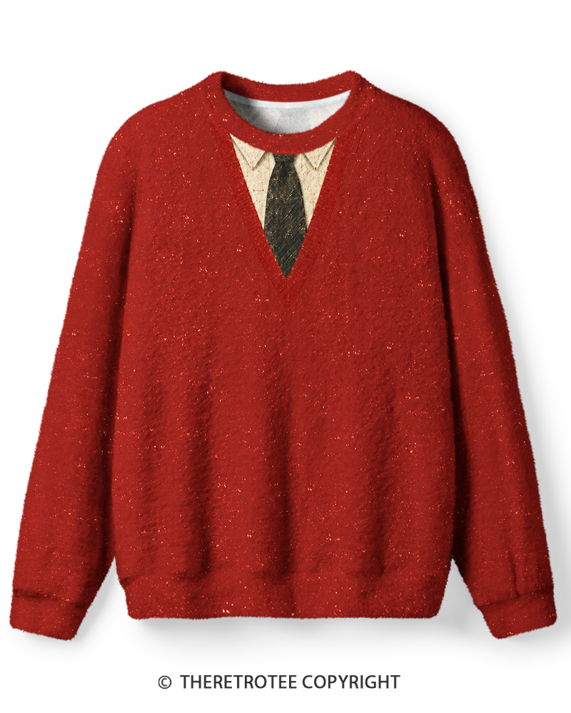 TheRetroTee Vintage 1970s Crimson Faux Shirt and Tie Screen-Inspired Sweater