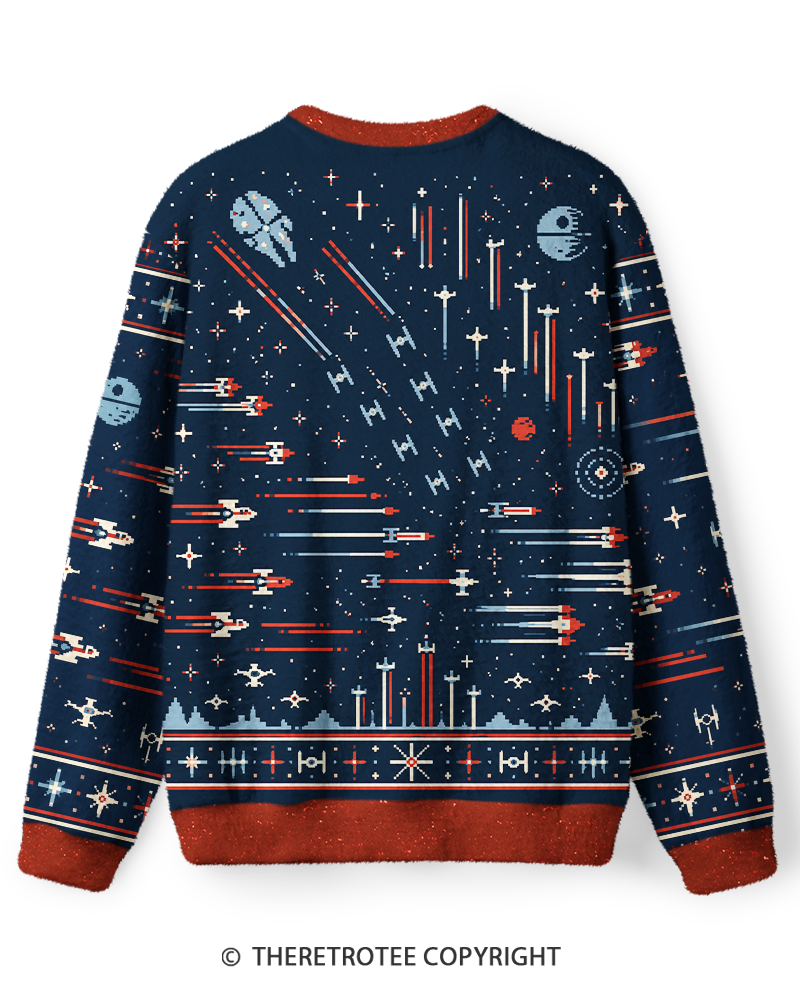 TheRetroTee Vintage 1970s Navy Red Space Battle Screen-Inspired Sweater