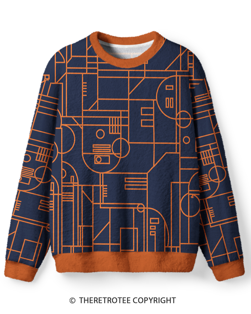TheRetroTee Vintage 1970s Navy Orange Geometric Line Screen-Inspired Sweater