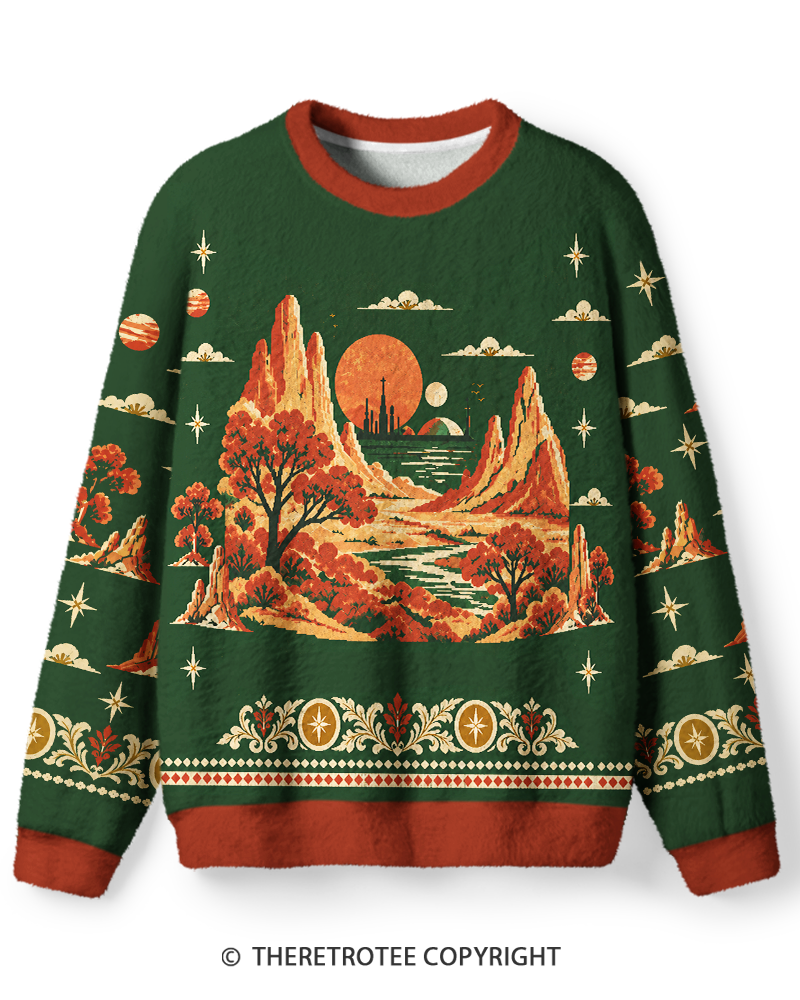 TheRetroTee Vintage 1970s Forest Green Desert Landscape Screen-Inspired Sweater
