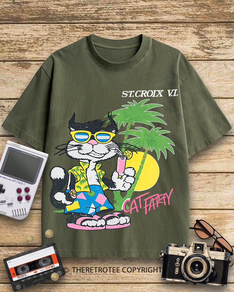 TheRetroTee Cat Party 1980s Cotton T-Shirt