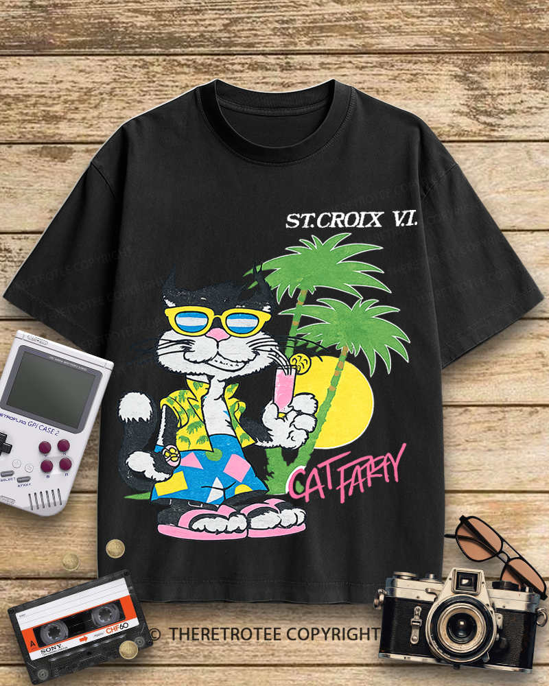 TheRetroTee Cat Party 1980s Cotton T-Shirt
