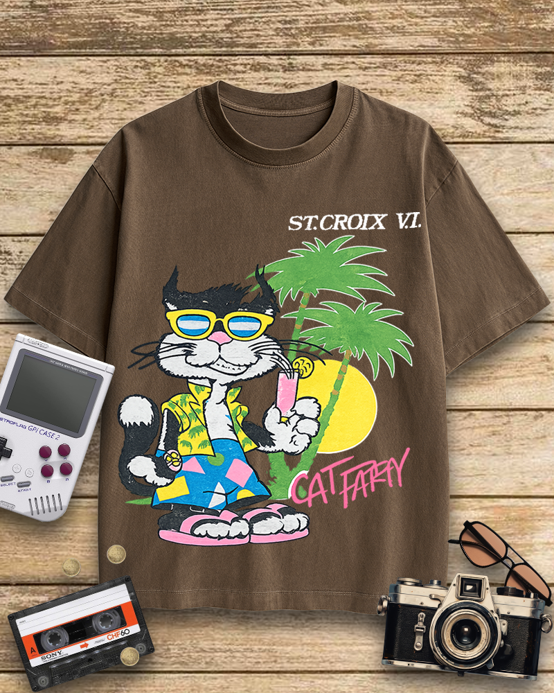 TheRetroTee Cat Party 1980s Cotton T-Shirt