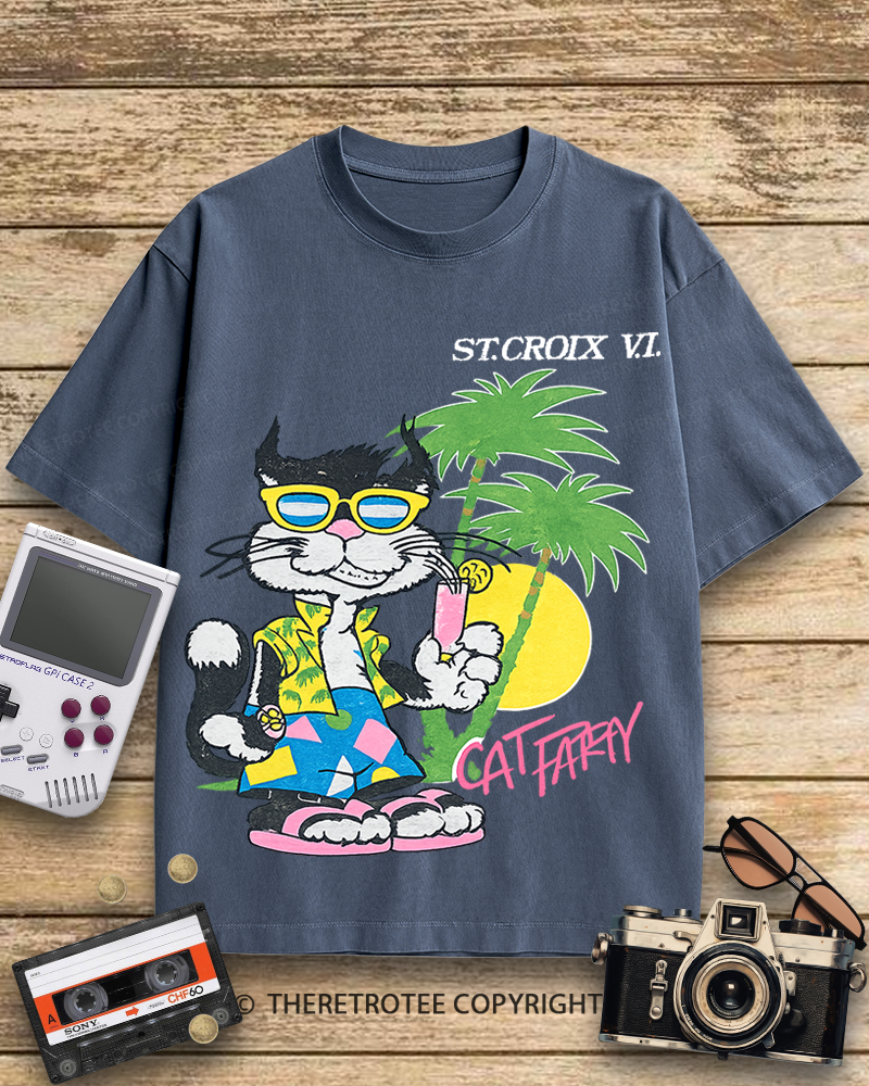 TheRetroTee Cat Party 1980s Cotton T-Shirt