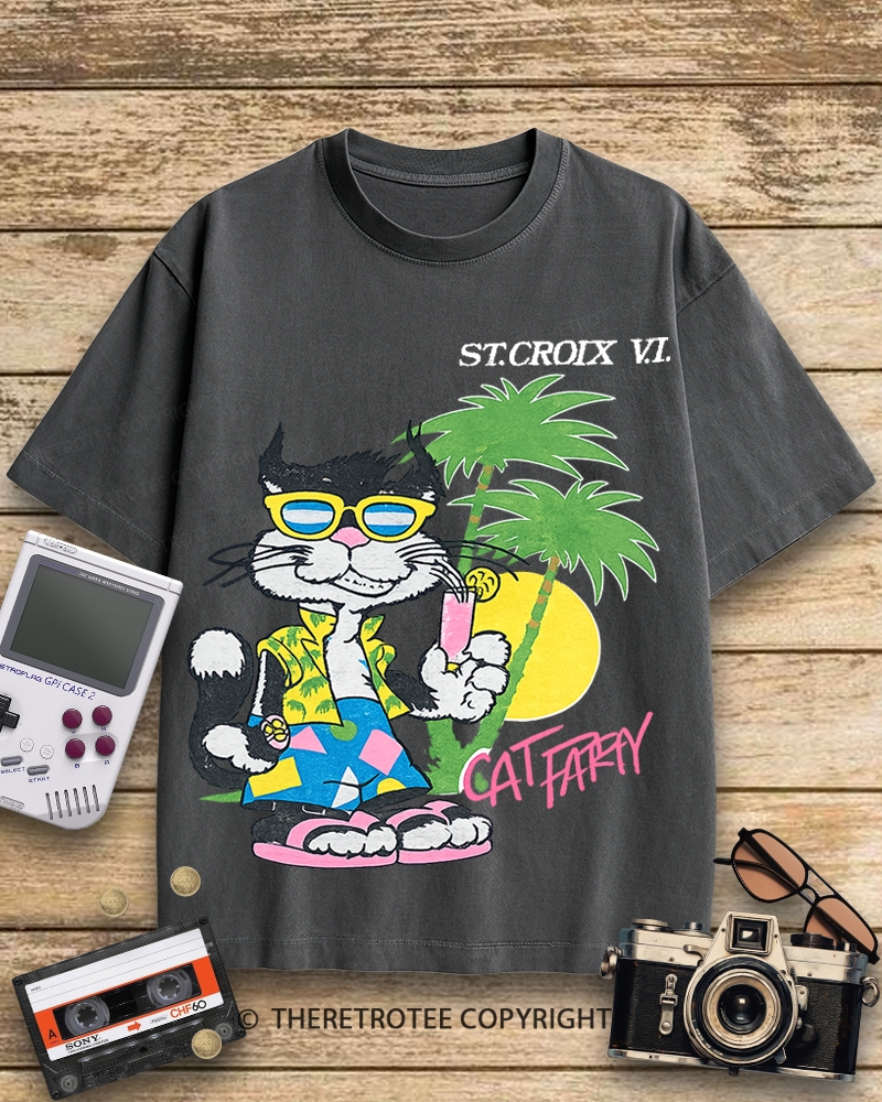 TheRetroTee Cat Party 1980s Cotton T-Shirt