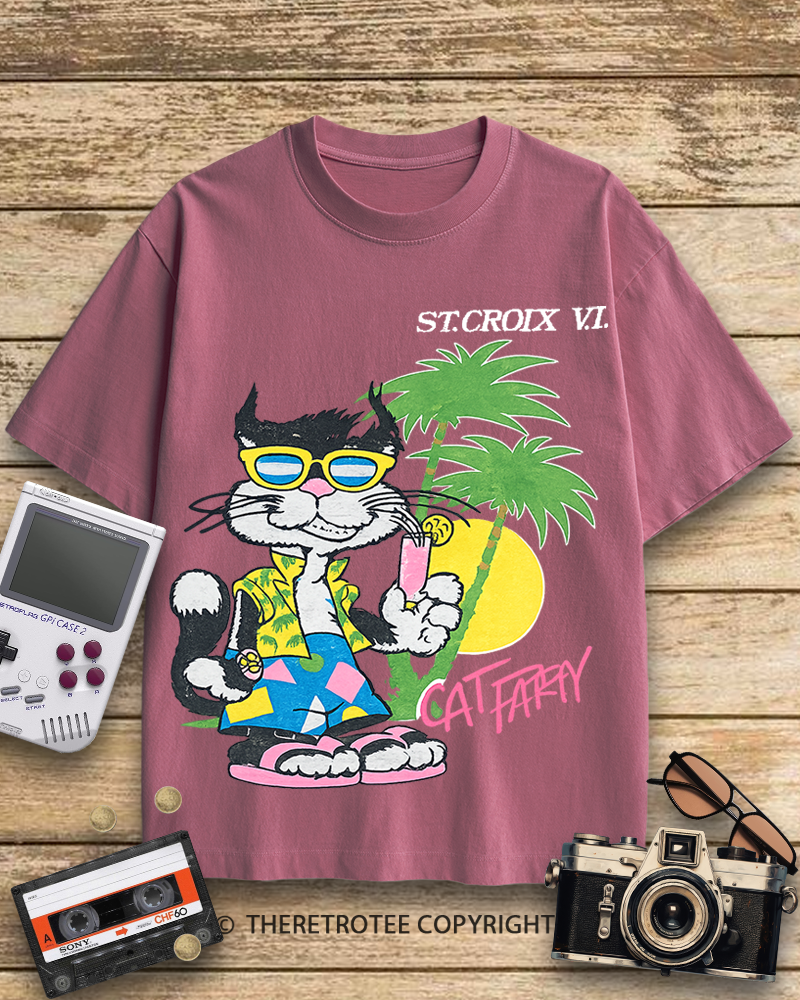 TheRetroTee Cat Party 1980s Cotton T-Shirt
