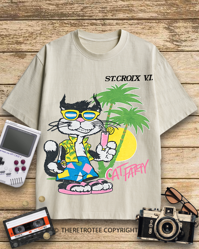 TheRetroTee Cat Party 1980s Cotton T-Shirt