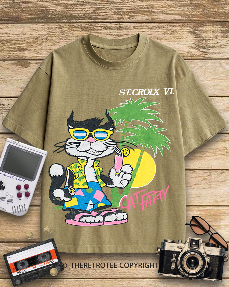 TheRetroTee Cat Party 1980s Cotton T-Shirt