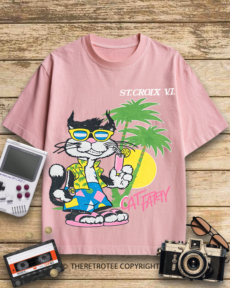 TheRetroTee Cat Party 1980s Cotton T-Shirt