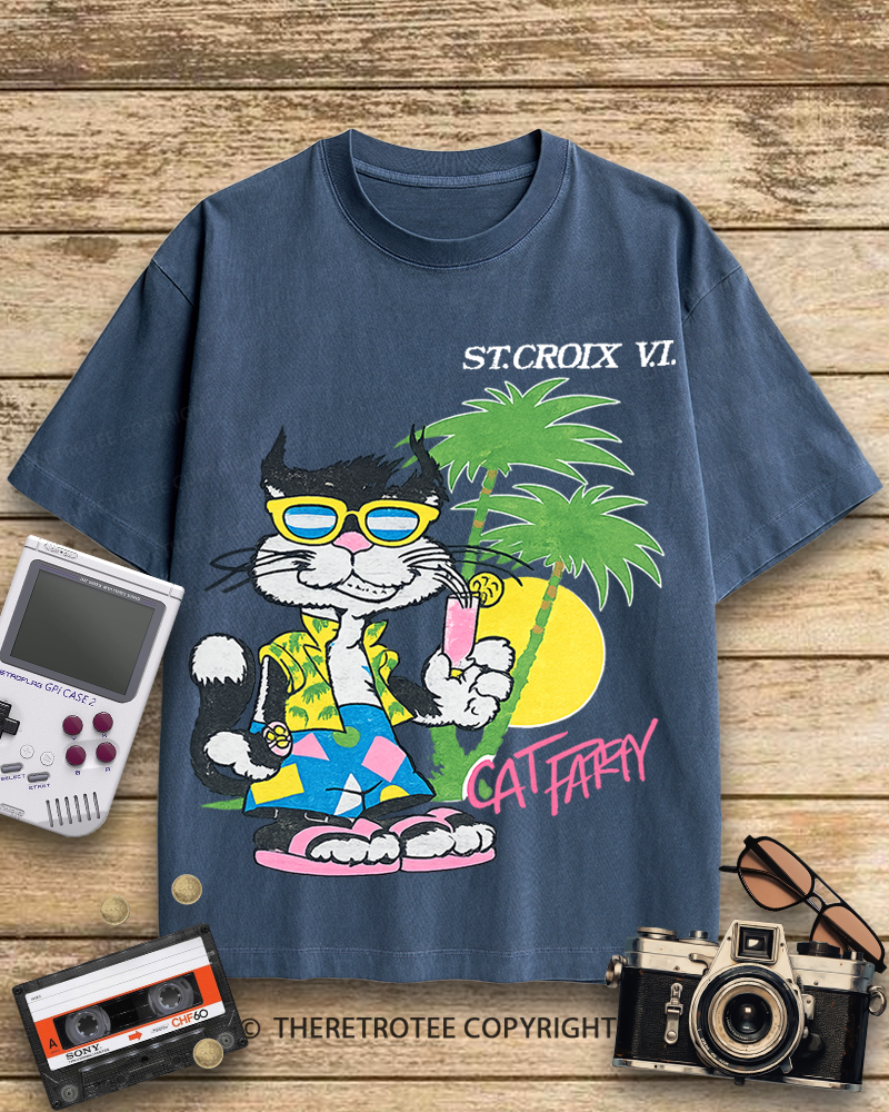 TheRetroTee Cat Party 1980s Cotton T-Shirt