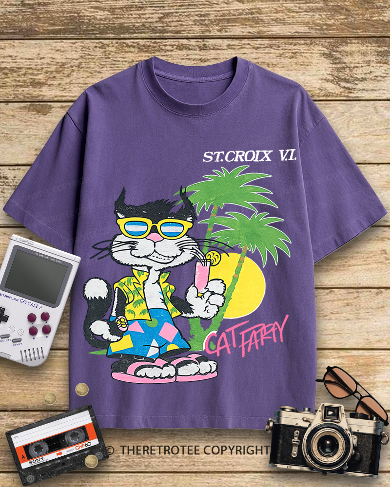 TheRetroTee Cat Party 1980s Cotton T-Shirt