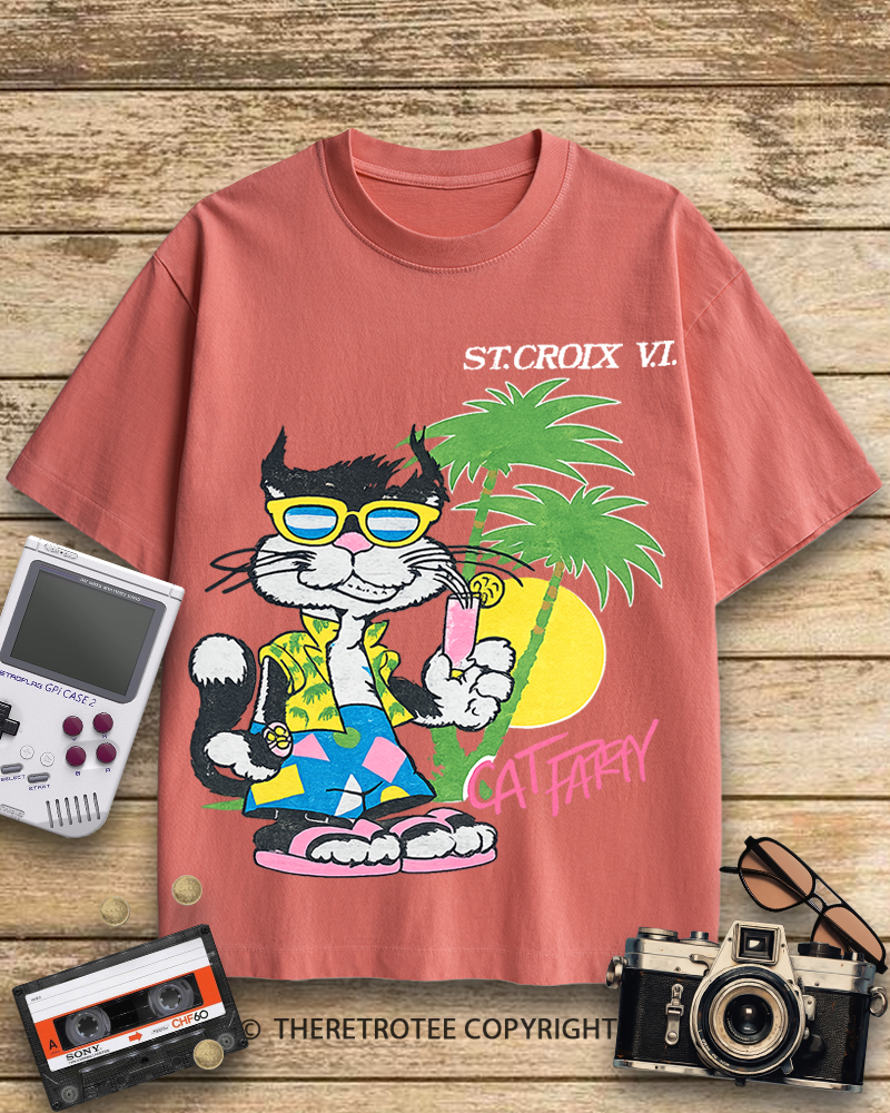 TheRetroTee Cat Party 1980s Cotton T-Shirt