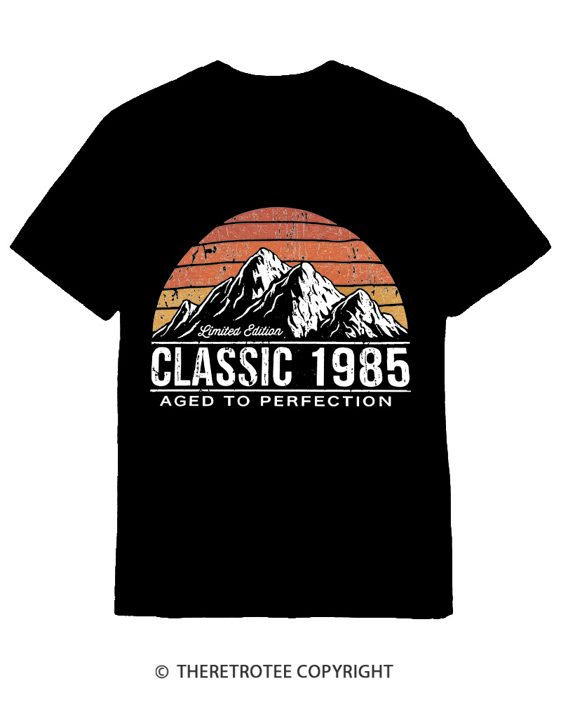 TheRetroTee 1985 Classic Mountain & Sunset Personalized Custom Year 1980s Cotton T-Shirt