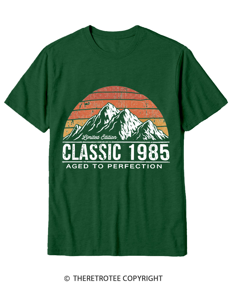 TheRetroTee 1985 Classic Mountain & Sunset Personalized Custom Year 1980s Cotton T-Shirt