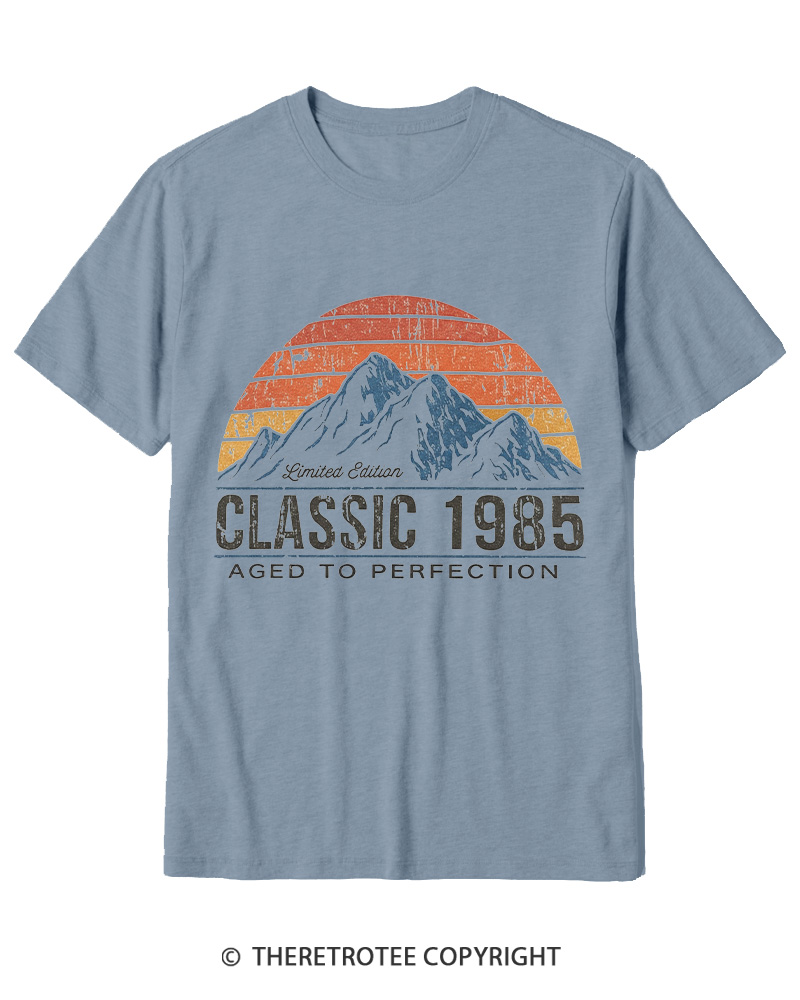 TheRetroTee 1985 Classic Mountain & Sunset Personalized Custom Year 1980s Cotton T-Shirt