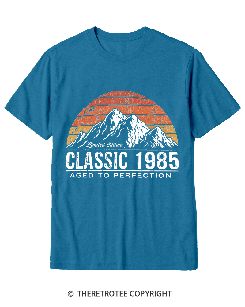 TheRetroTee 1985 Classic Mountain & Sunset Personalized Custom Year 1980s Cotton T-Shirt