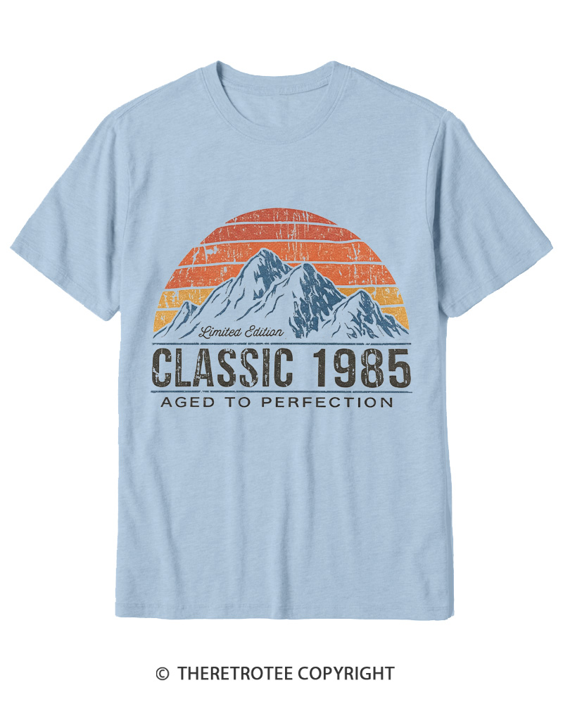 TheRetroTee 1985 Classic Mountain & Sunset Personalized Custom Year 1980s Cotton T-Shirt