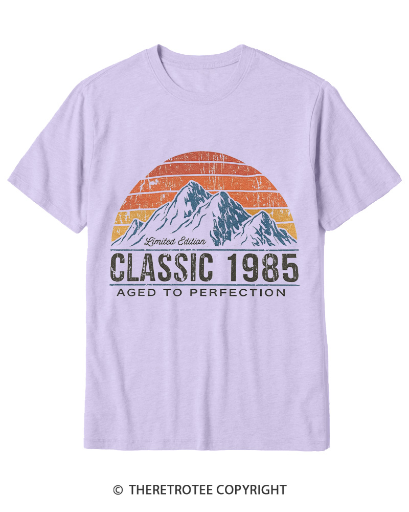TheRetroTee 1985 Classic Mountain & Sunset Personalized Custom Year 1980s Cotton T-Shirt