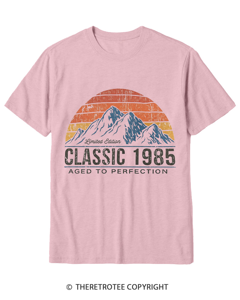 TheRetroTee 1985 Classic Mountain & Sunset Personalized Custom Year 1980s Cotton T-Shirt