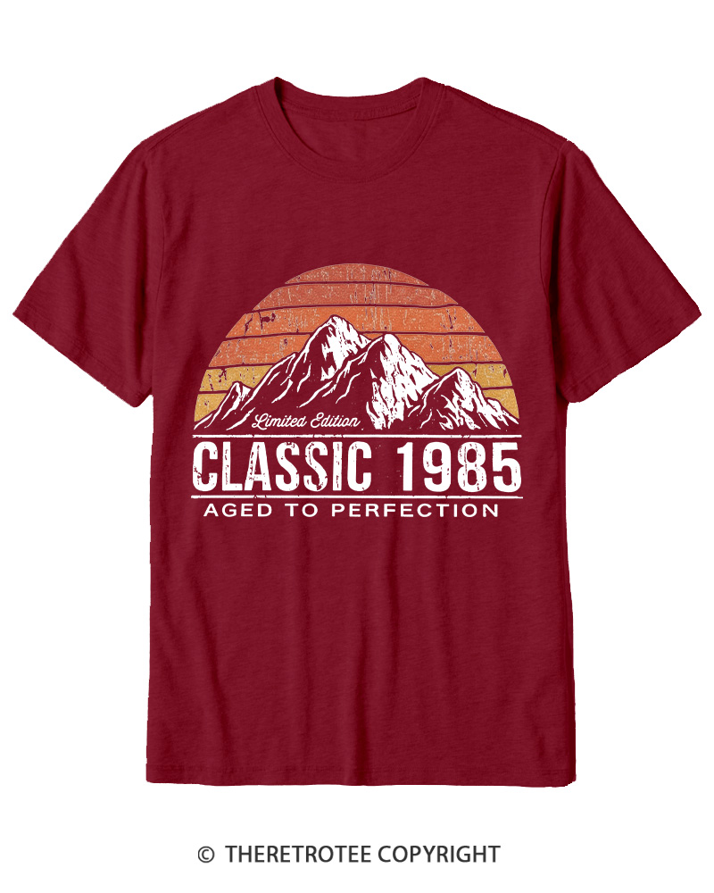 TheRetroTee 1985 Classic Mountain & Sunset Personalized Custom Year 1980s Cotton T-Shirt