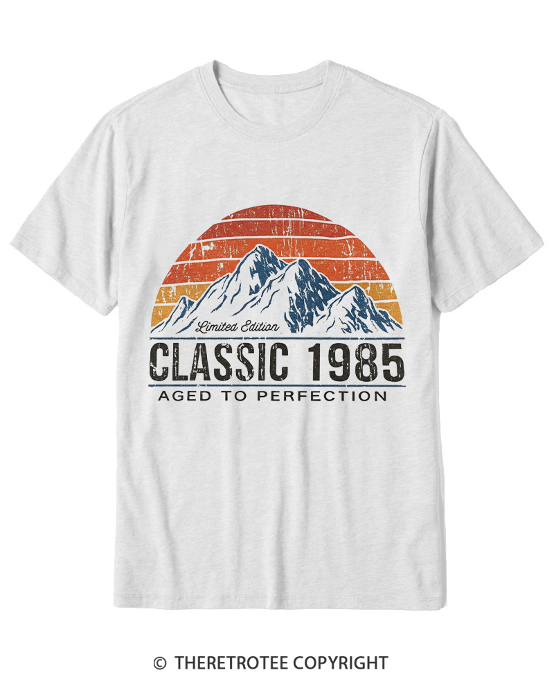 TheRetroTee 1985 Classic Mountain & Sunset Personalized Custom Year 1980s Cotton T-Shirt