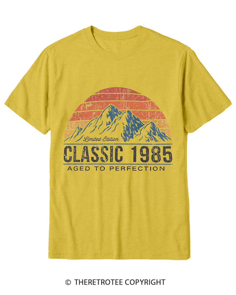 TheRetroTee 1985 Classic Mountain & Sunset Personalized Custom Year 1980s Cotton T-Shirt