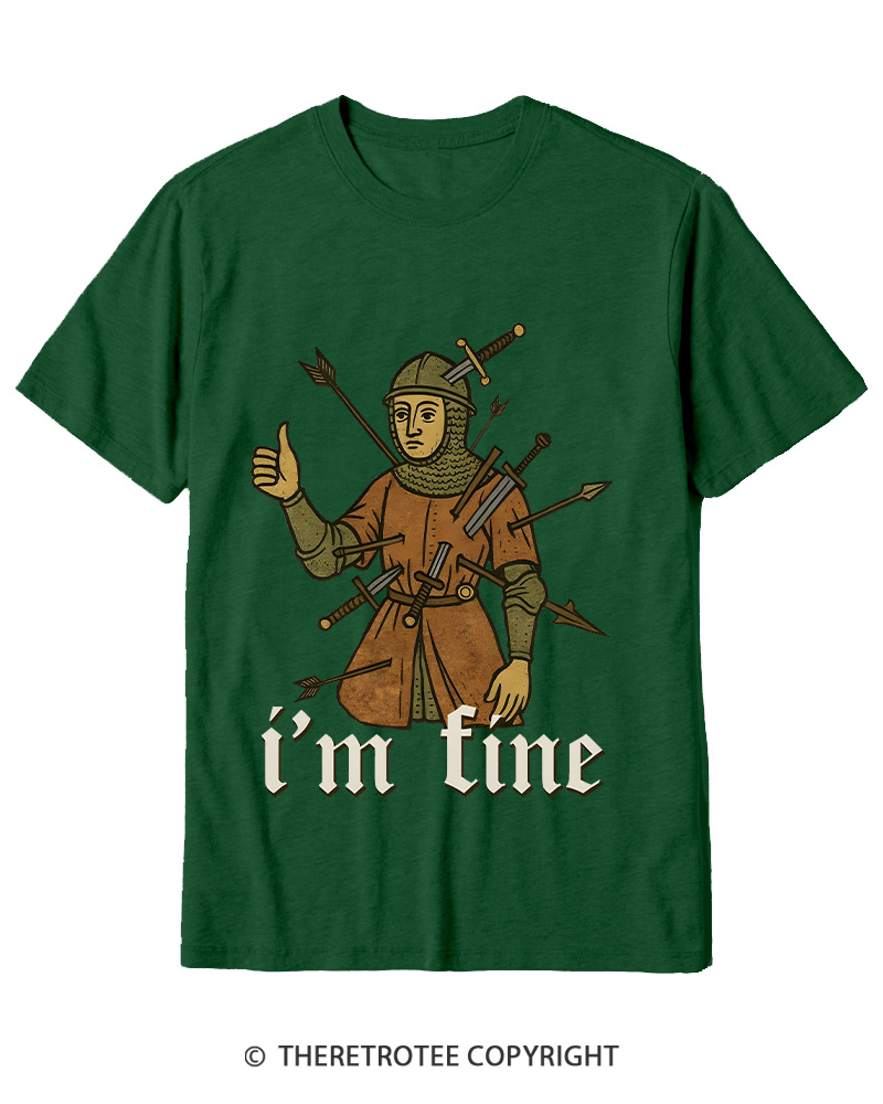TheRetroTee Medieval Knight I’m Fine 1970s Cotton T-Shirt