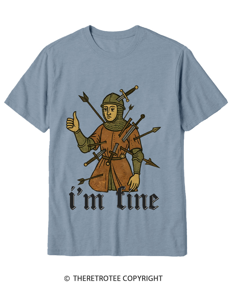 TheRetroTee Medieval Knight I’m Fine 1970s Cotton T-Shirt