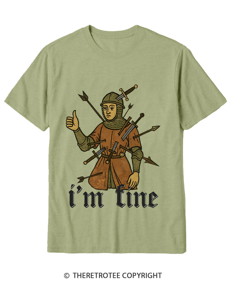 TheRetroTee Medieval Knight I’m Fine 1970s Cotton T-Shirt