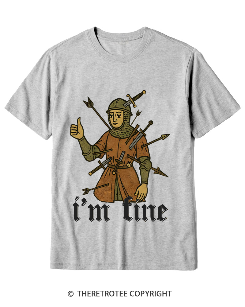 TheRetroTee Medieval Knight I’m Fine 1970s Cotton T-Shirt