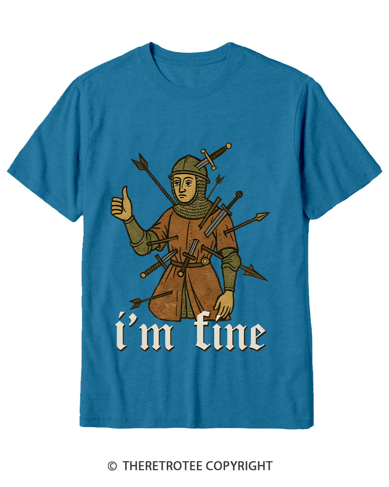 TheRetroTee Medieval Knight I’m Fine 1970s Cotton T-Shirt