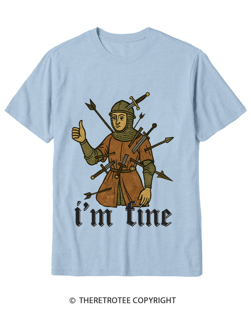 TheRetroTee Medieval Knight I’m Fine 1970s Cotton T-Shirt